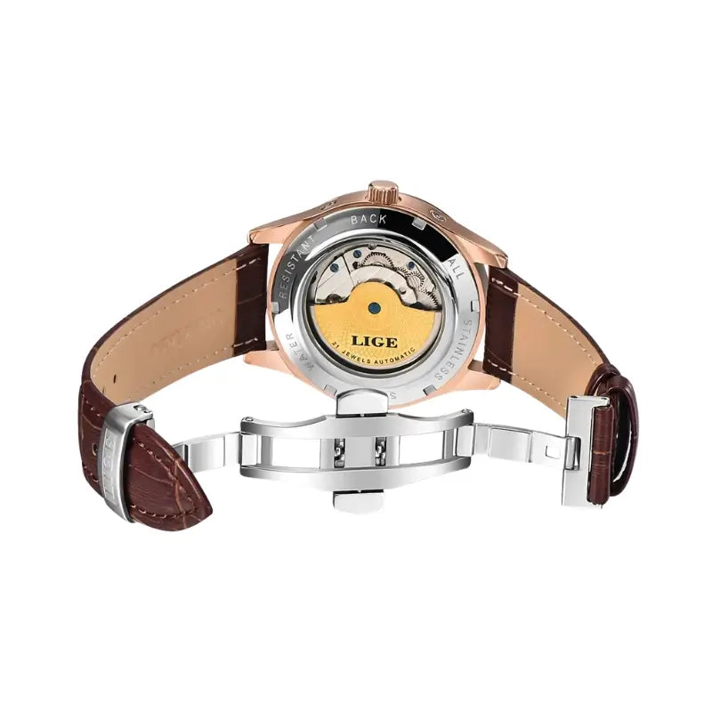 Relógio automático para homem com bracelete em couro castanho