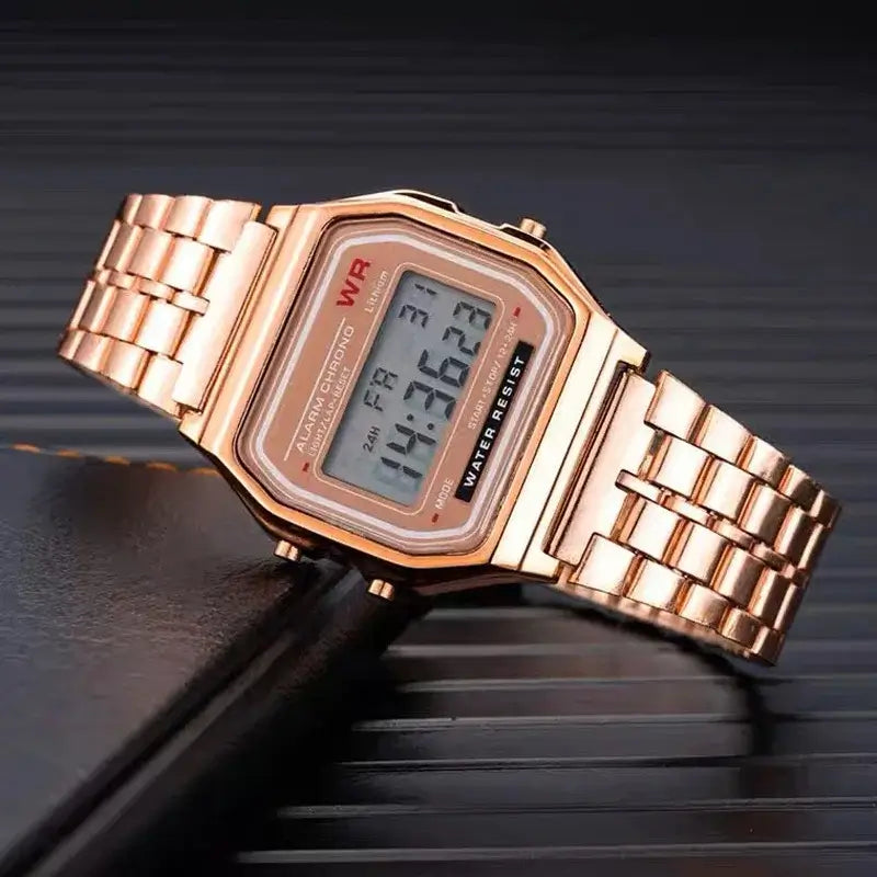 Relógio digital rosa em estilo vintage para mulher