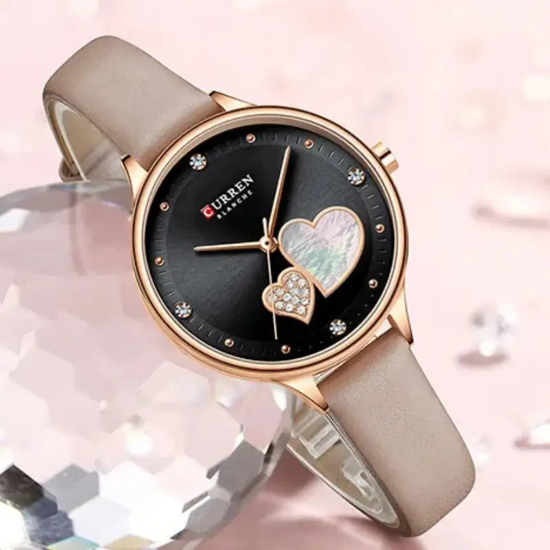 Relógio feminino com bracelete em couro rosa