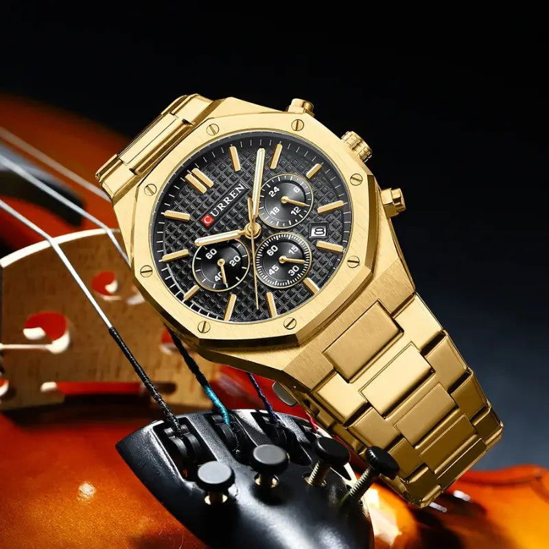 Relógio hexagonal dourado para homem