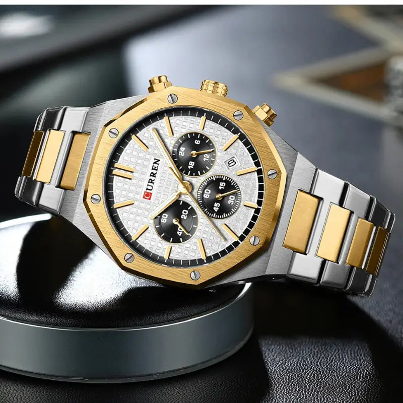 Relógio hexagonal prateado e dourado para homem