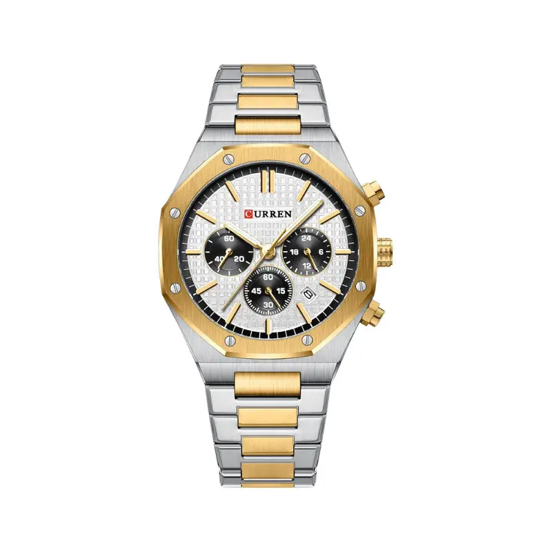 Relógio hexagonal prateado e dourado para homem