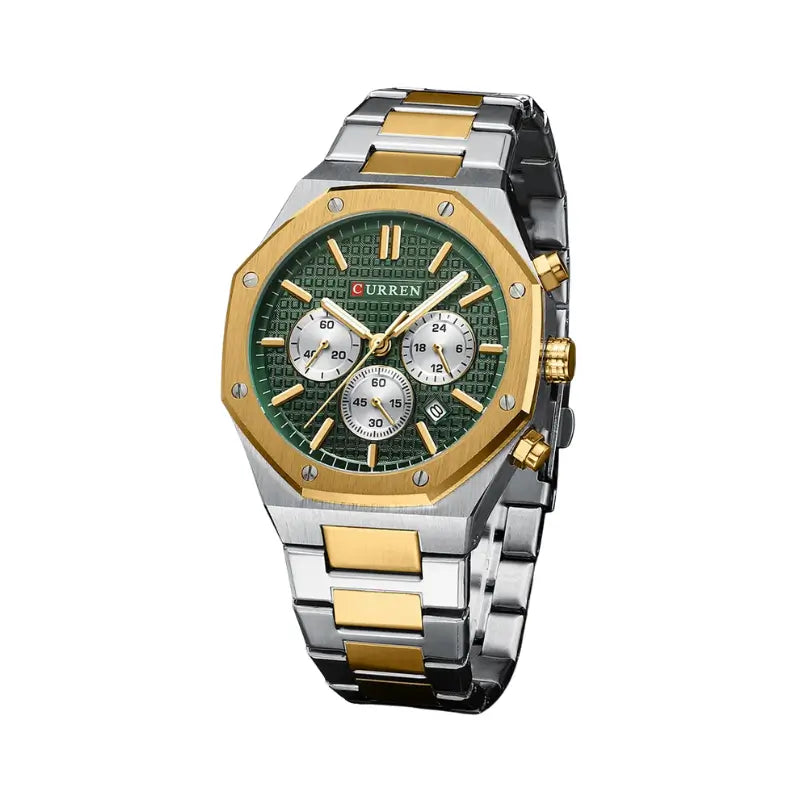 Relógio hexagonal prateado e dourado com mostrador verde para homem