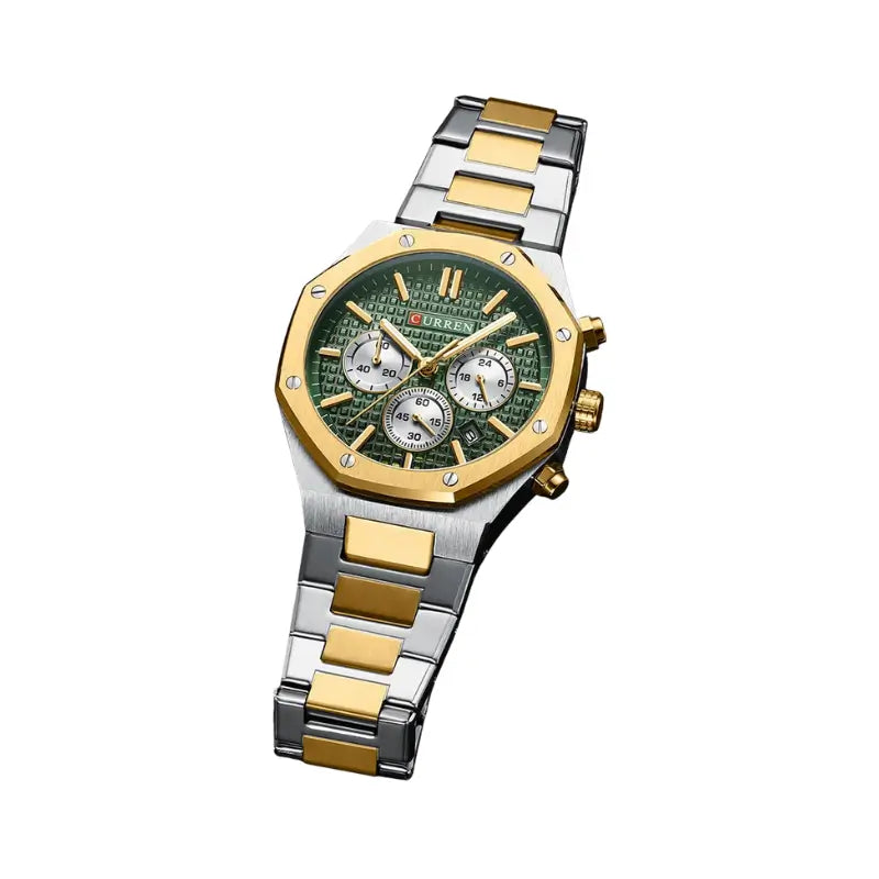 Relógio hexagonal prateado e dourado com mostrador verde para homem