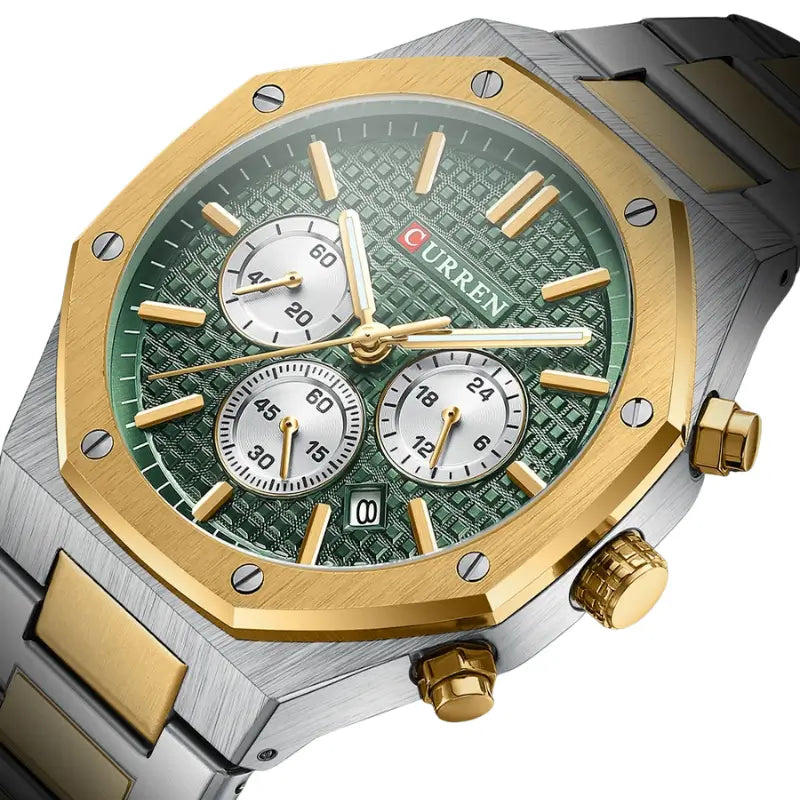 Relógio hexagonal prateado e dourado com mostrador verde para homem