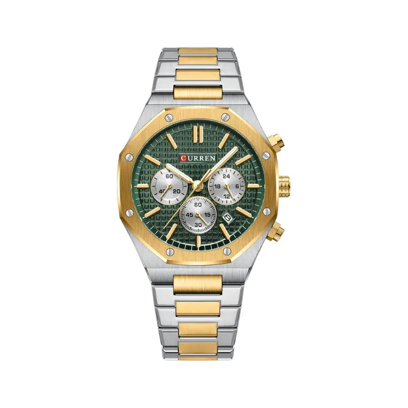 Relógio hexagonal prateado e dourado com mostrador verde para homem