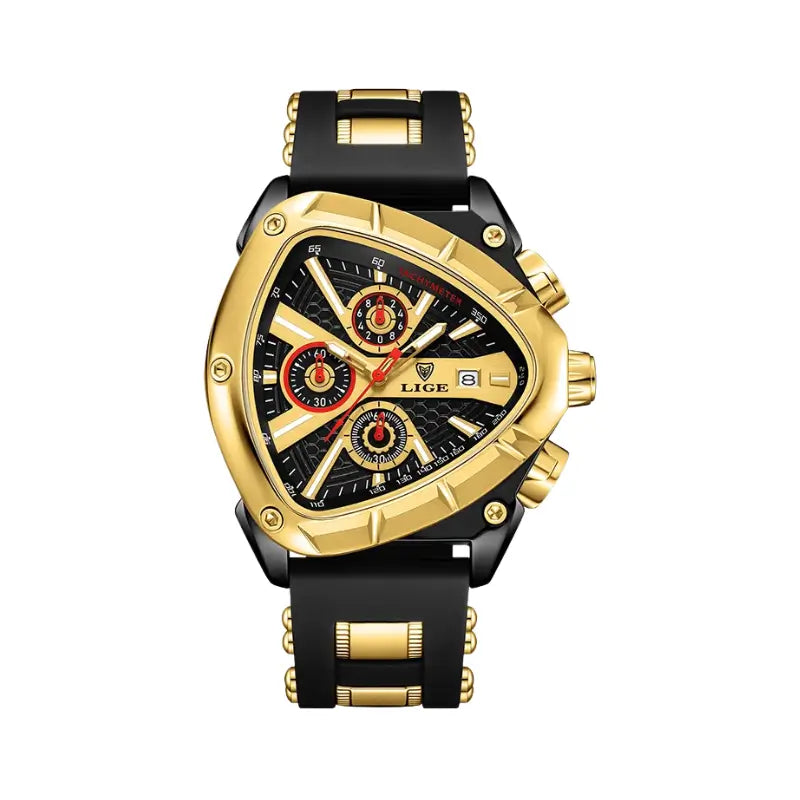 Relógio para homem com caixa triangular dourado