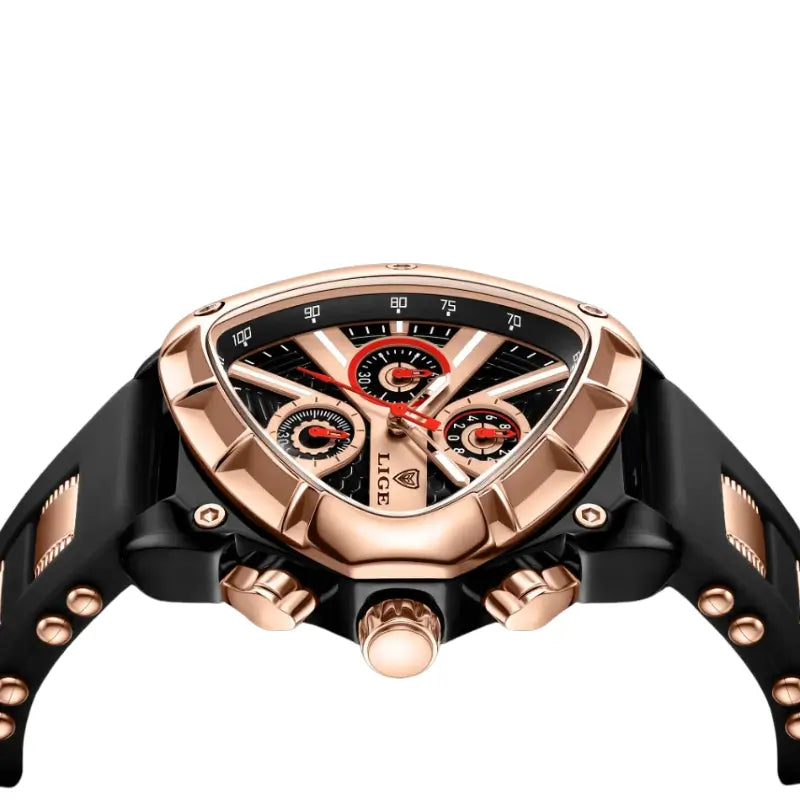 Relógio para homem com caixa triangular ouro rosa