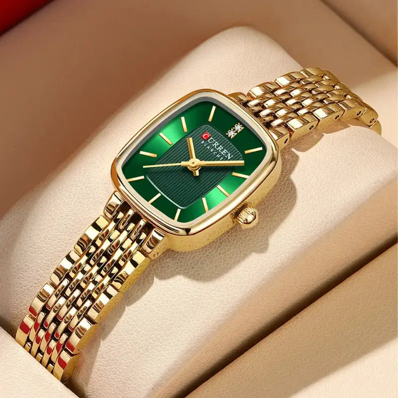 Relógio retangular dourado com mostrador verde para mulher