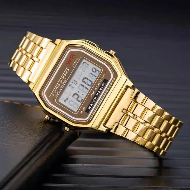 Relógio digital dourado em estilo vintage para homem e mulher