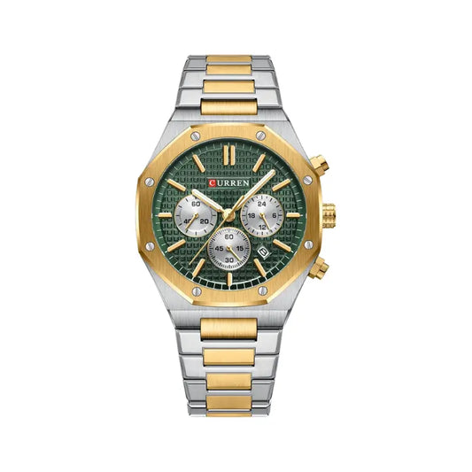 Relógio hexagonal prateado e dourado com mostrador verde para homem
