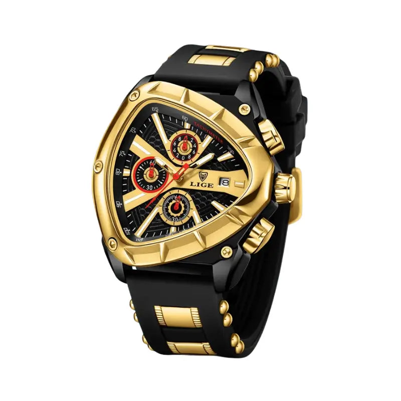 Relógio para homem com caixa triangular dourado