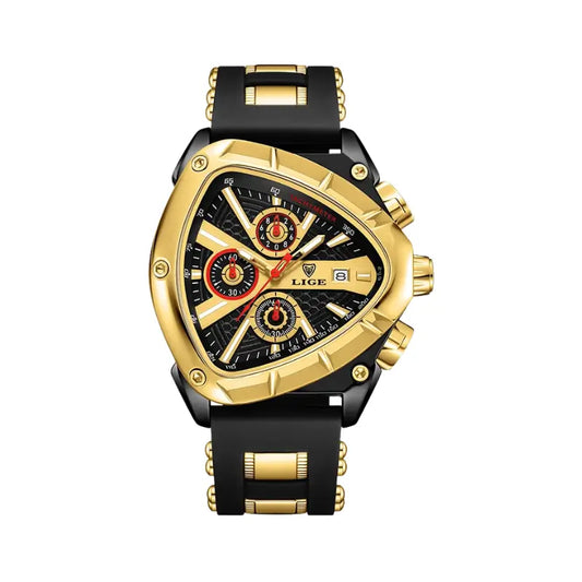 Relógio para homem com caixa triangular dourado