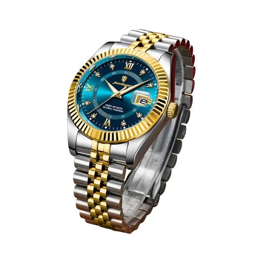 Relógio de luxo prateado e dourado com mostrador azul para homem