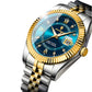 Relógio de luxo prateado e dourado com mostrador azul para homem