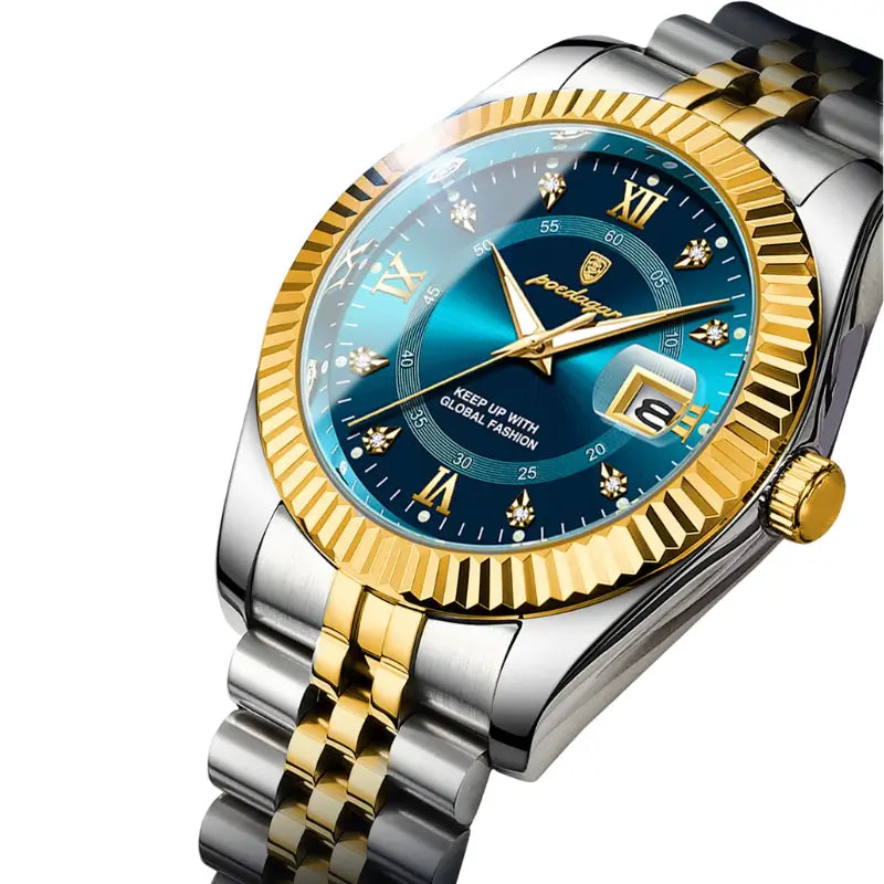 Relógio de luxo prateado e dourado com mostrador azul para homem