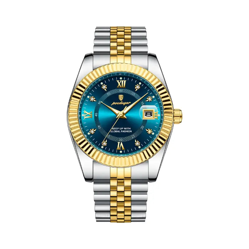 Relógio de luxo prateado e dourado com mostrador azul para homem