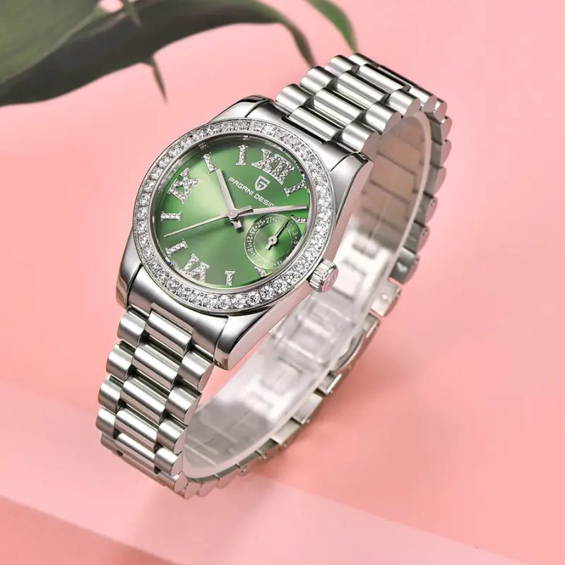 Relógio prateado de luxo para mulher com mostrador verde