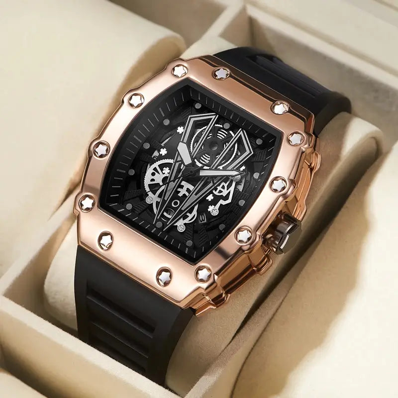 Relógio quadrado para homem com caixa dourado